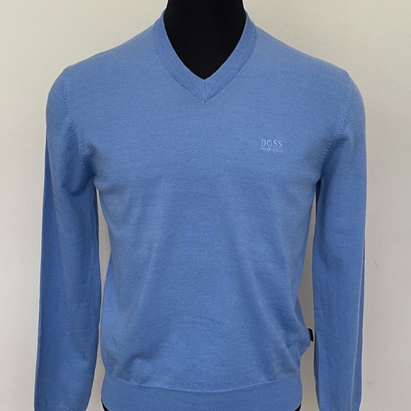 New Hugo Boss Sweater V Neck Sky Blue Wool Pullover Sweater